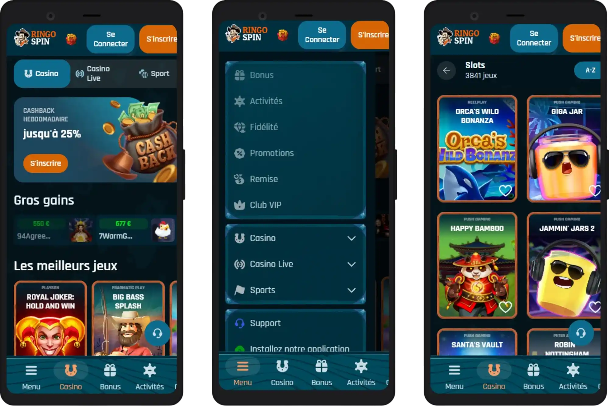 Interface du casino mobile Ringospin pour smartphones