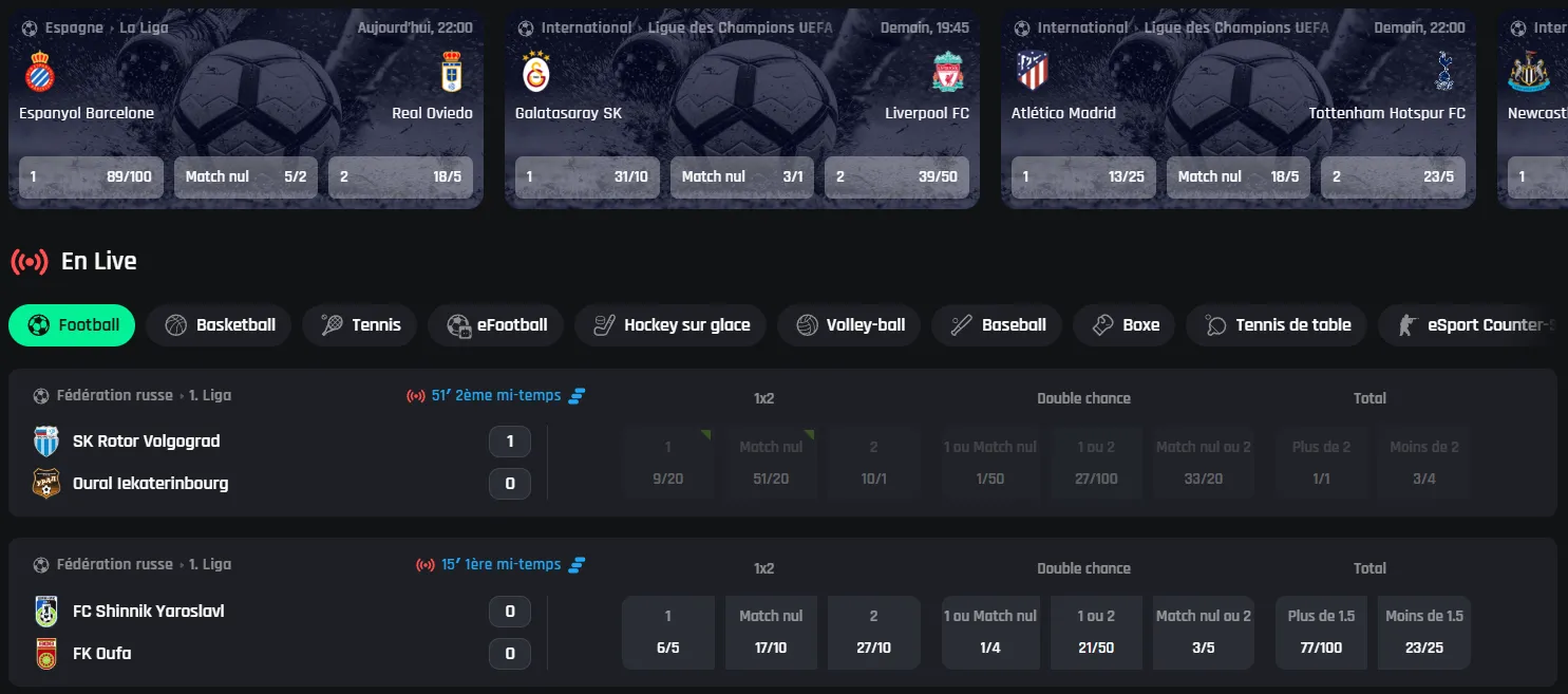 Paris sportifs en ligne et cotes sur Ringospin